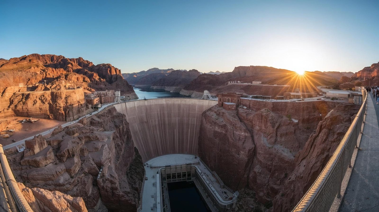 Hoover Dam view from Las Vegas – panoramic sunrise over Colorado River.