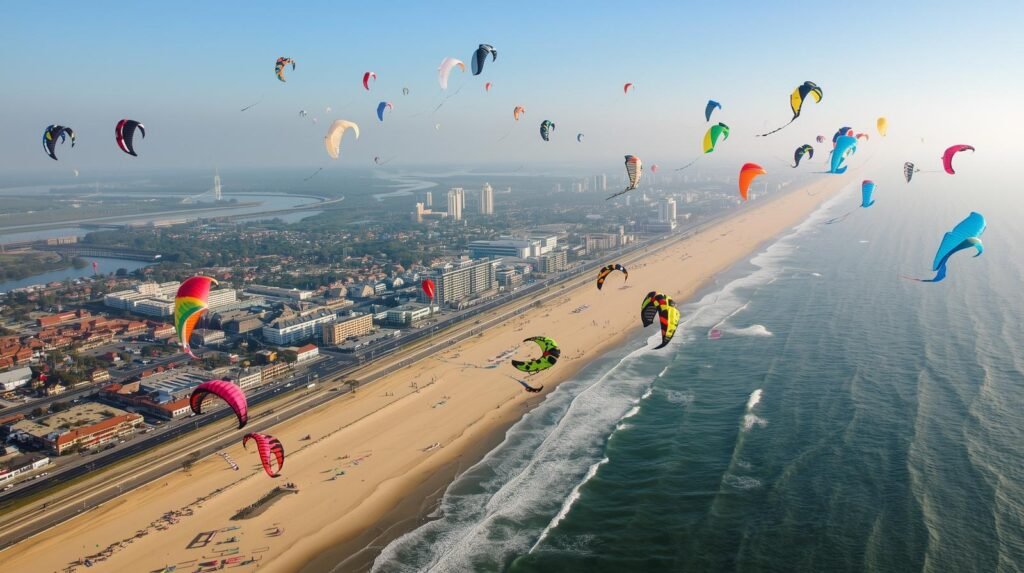 Large decorative kites soaring above the Virginia Beach boardwalk at the Atlantic Coast Kite Festival”