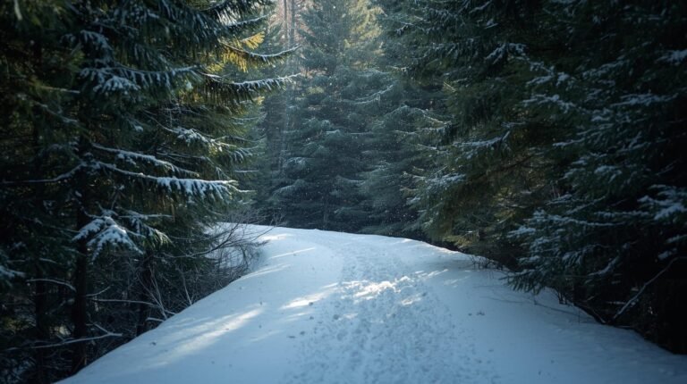 “Scenic snow-covered trail among pine trees near Colorado Springs”