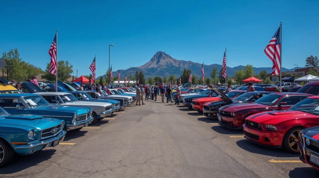 “Colorado Springs Auto Show with cars and Pikes Peak mountain backdrop”