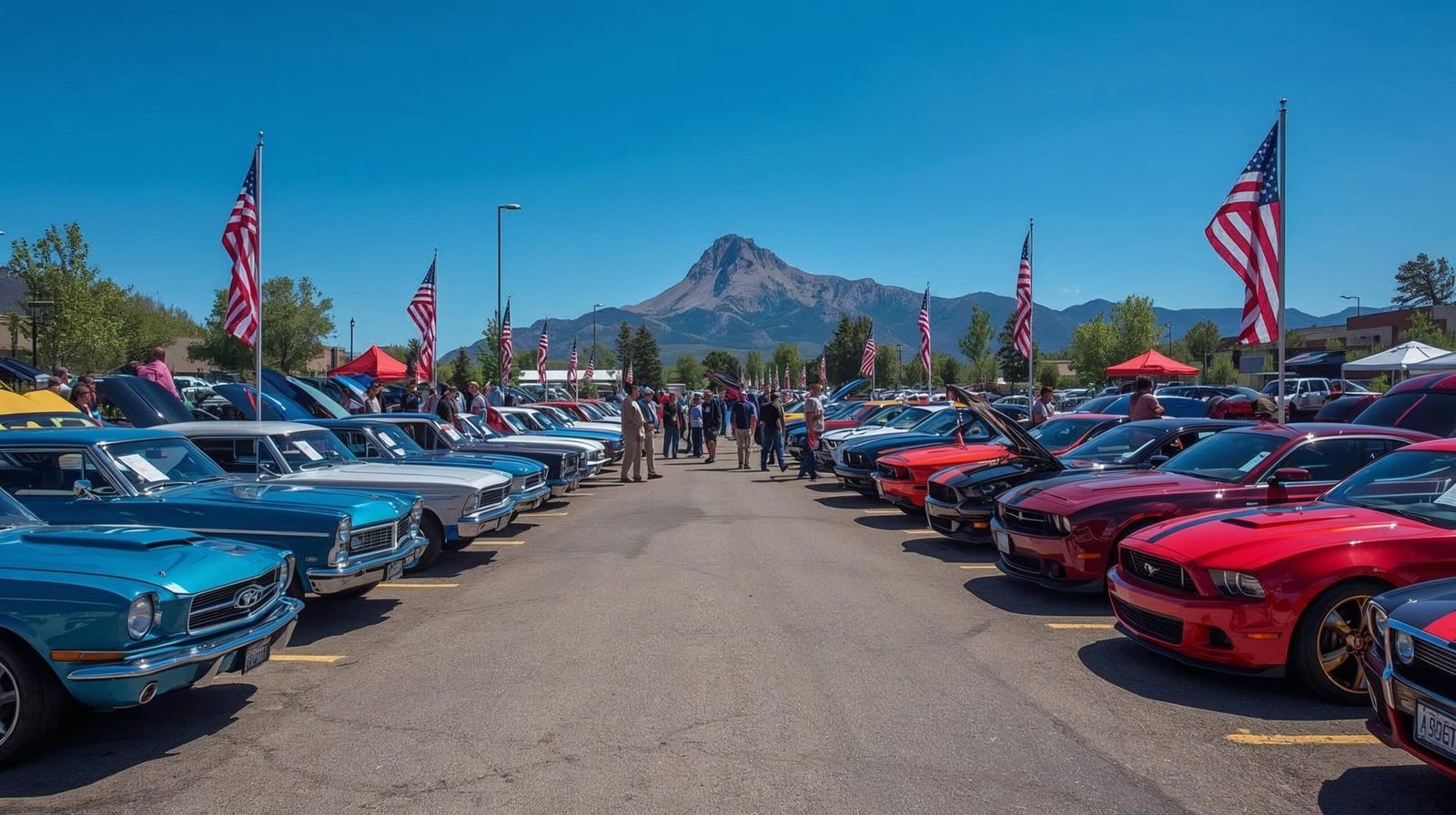 “Colorado Springs Auto Show with cars and Pikes Peak mountain backdrop”