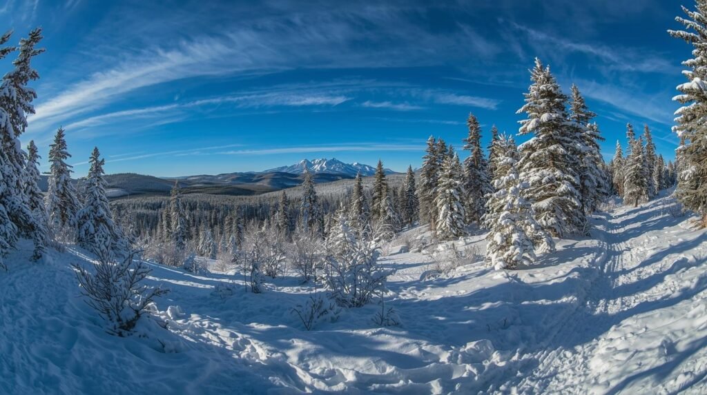“Snowshoe trail winding through snowy forest with Pikes Peak near Colorado Springs”