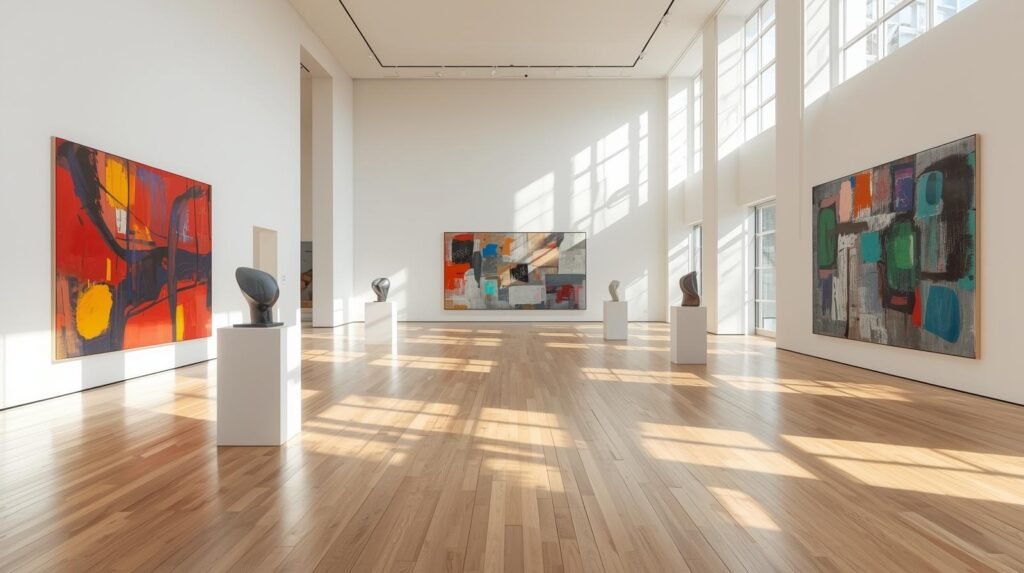 Spacious art gallery with abstract paintings and sculptures in Virginia Beach