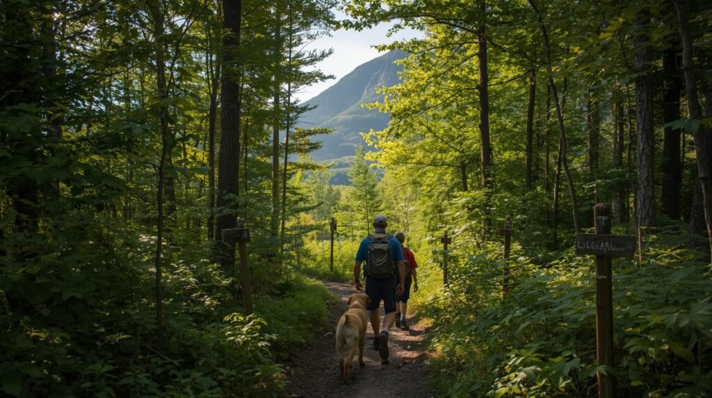 Dog hiking with owners on Cobble Hill Trail in Lake Placid – pet friendly hiking trails