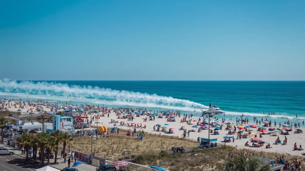 Spectators enjoying the Fort Lauderdale Air Show on the beach, Florida family-friendly event.