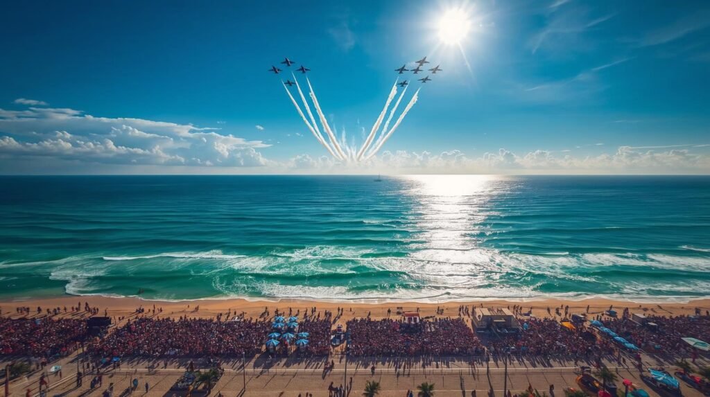 Fort Lauderdale Air Show over the beach with fighter jets and crowds, Florida aviation event