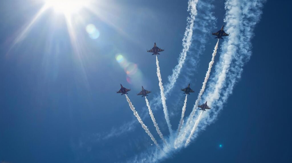 U.S. Air Force Thunderbirds and Navy Blue Angels performing over Fort Lauderdale during air show.