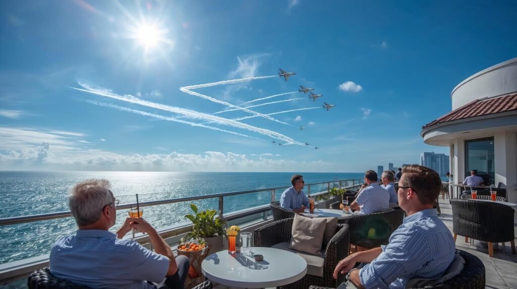 “Guests enjoying the Fort Lauderdale Air Show from a rooftop bar with ocean view.”