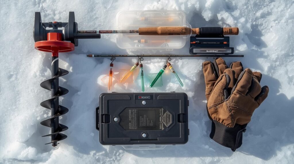 “Essential ice fishing equipment and clothing for Lake Placid winter fishing.”