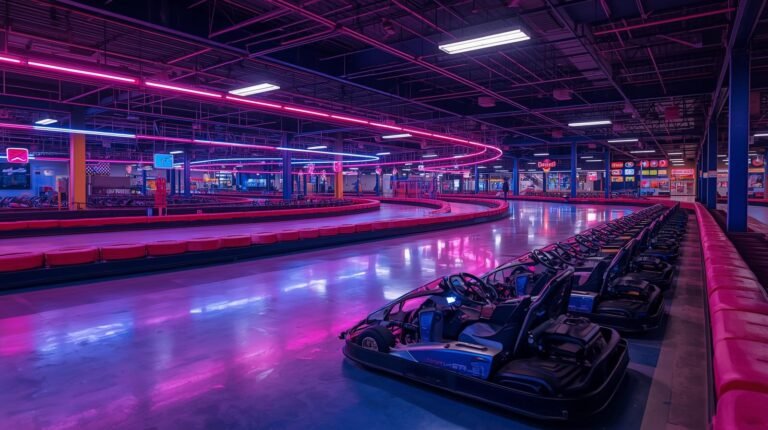 Empty go-kart racing track with neon lights in Virginia Beach entertainment center