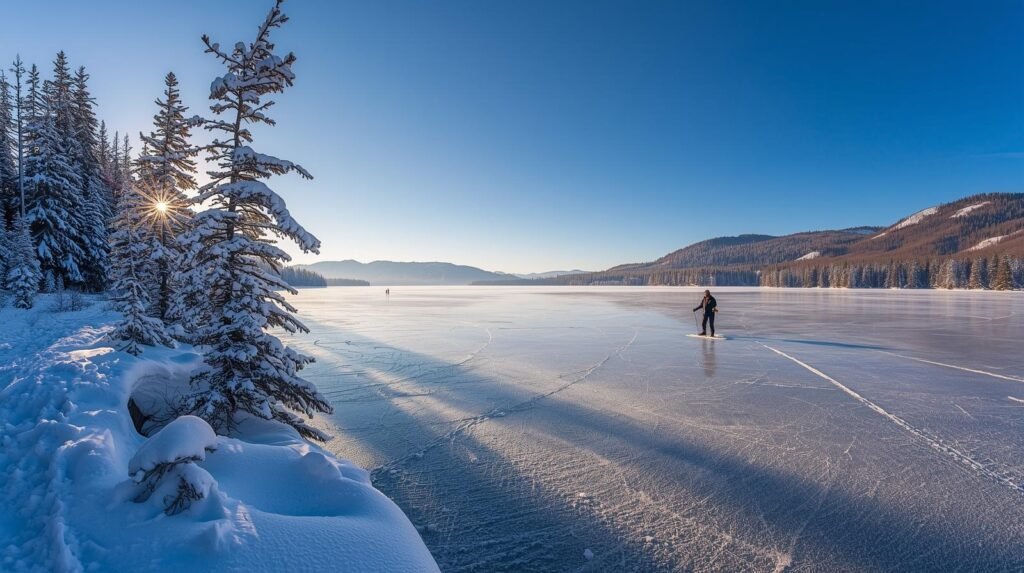 Scenic winter landscape of Lake Placid with frozen Mirror Lake and ice fishing scene.”