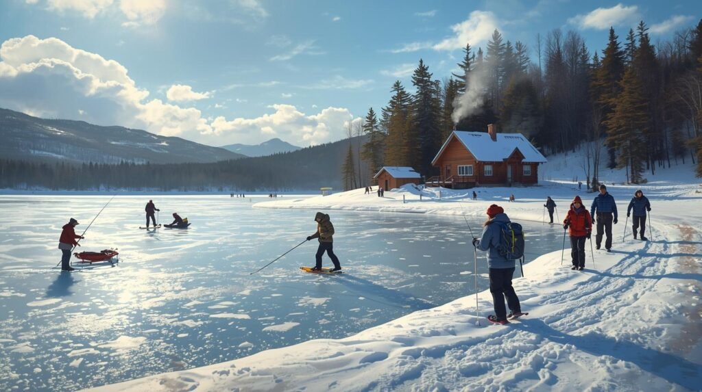 “Travelers enjoying ice fishing and other winter activities in Lake Placid.”