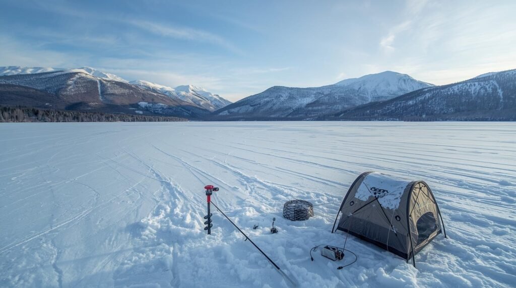 “Ice fishing gear and shelter setup on Mirror Lake in Lake Placid, surrounded by snow.”