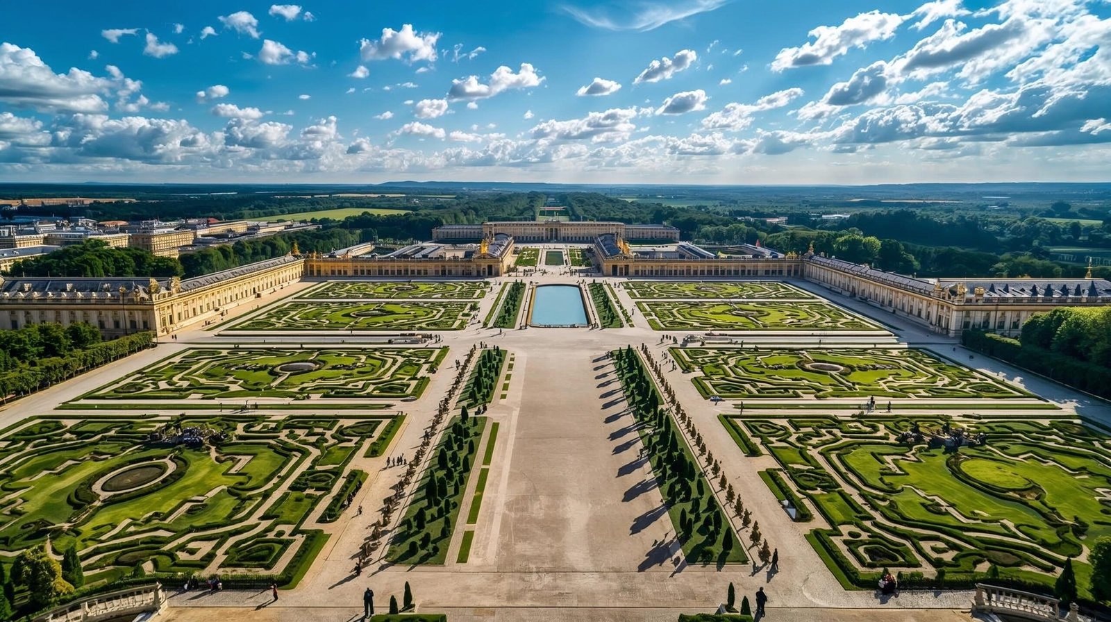 erial view of the Palace of Versailles in France showing the grand palace, gardens, and Grand Canal under a clear blue sky.