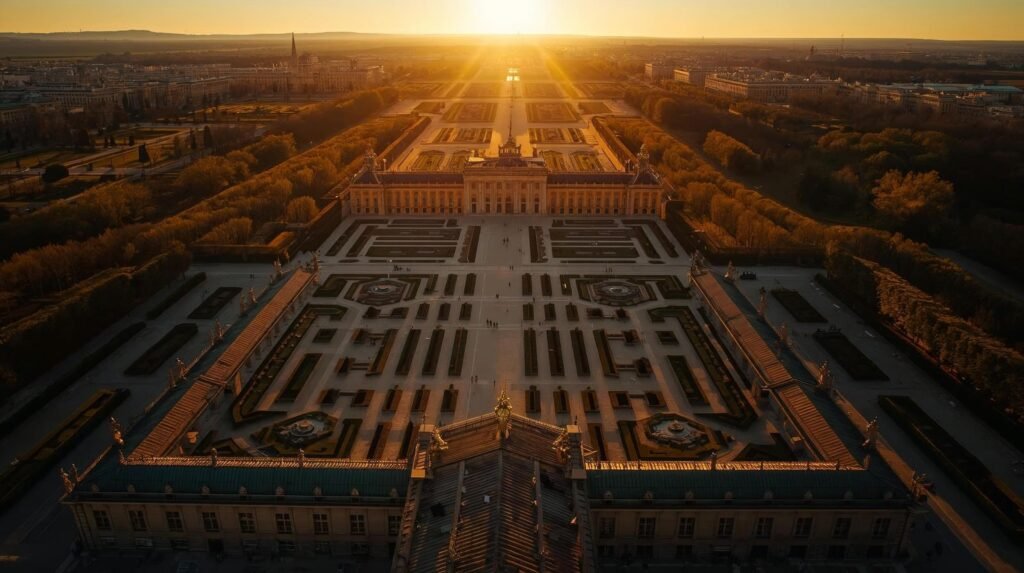 Aerial photo of the Palace of Versailles at sunset with golden light and long garden shadows
