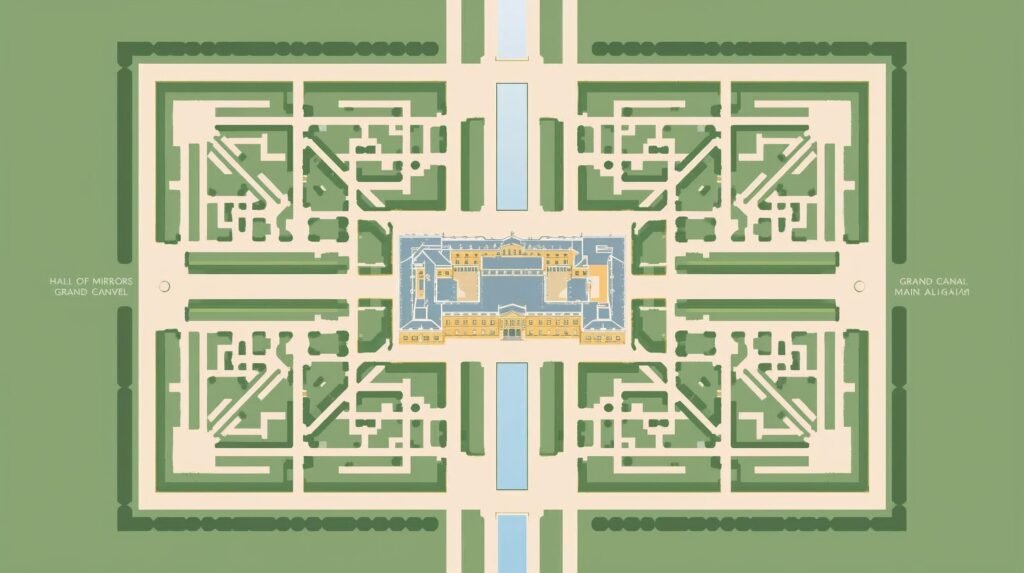 Diagram showing the symmetrical layout of the Palace of Versailles with central alignment lines.