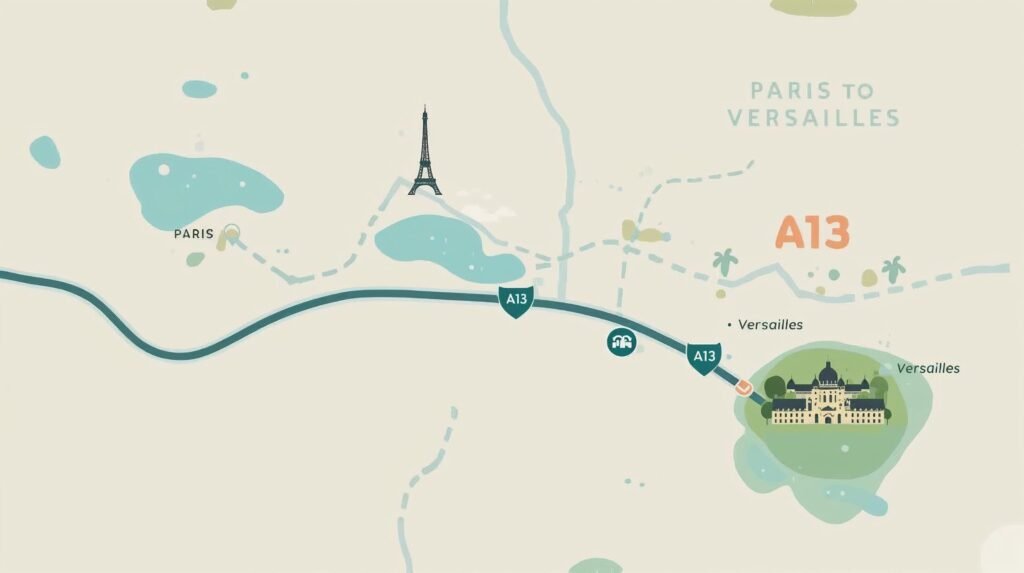 Map showing the route from Paris to the Palace of Versailles in France.