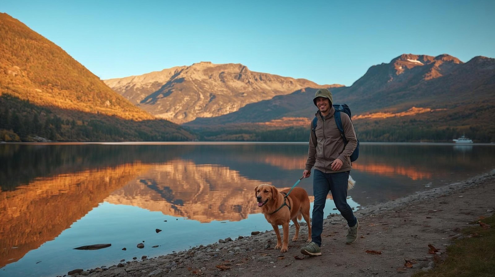 raveler walking dog along Mirror Lake in Lake Placid during autumn – pet friendly Lake Placid guide