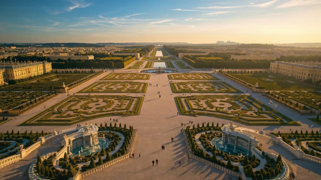 Aerial view of the Palace of Versailles with its gardens and Grand Canal under golden sunlight.