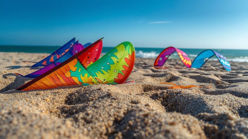 “Vibrant kites on Virginia Beach sand during the annual kite festival”