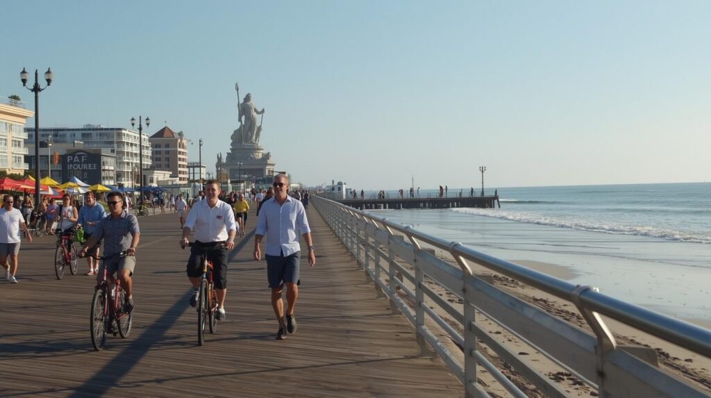 “Virginia Beach Oceanfront Boardwalk and beach view on a sunny day”