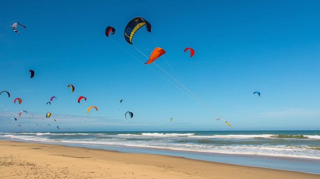 Colorful kites flying at Virginia Beach oceanfront during the Atlantic Coast Kite Festival