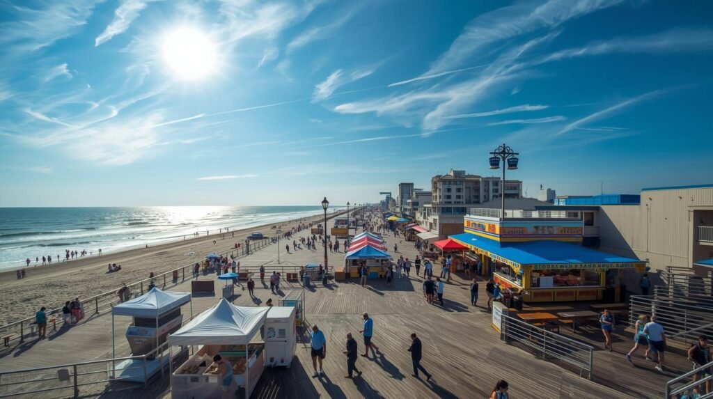 Virginia Beach Seafood Festival tents along the boardwalk with ocean backdrop