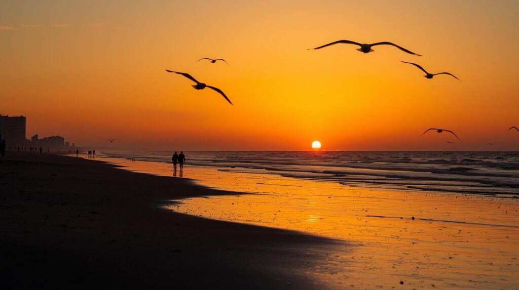 “Sunset view at Virginia Beach oceanfront promenade”