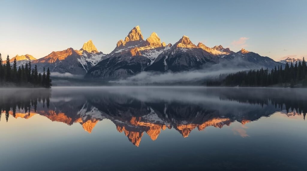 Sunrise view of Grand Teton mountains reflected in Jenny Lake, showcasing the park’s iconic natural beauty