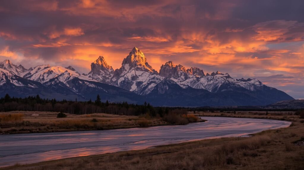 Sunset view of Grand Teton National Park with Snake River foreground