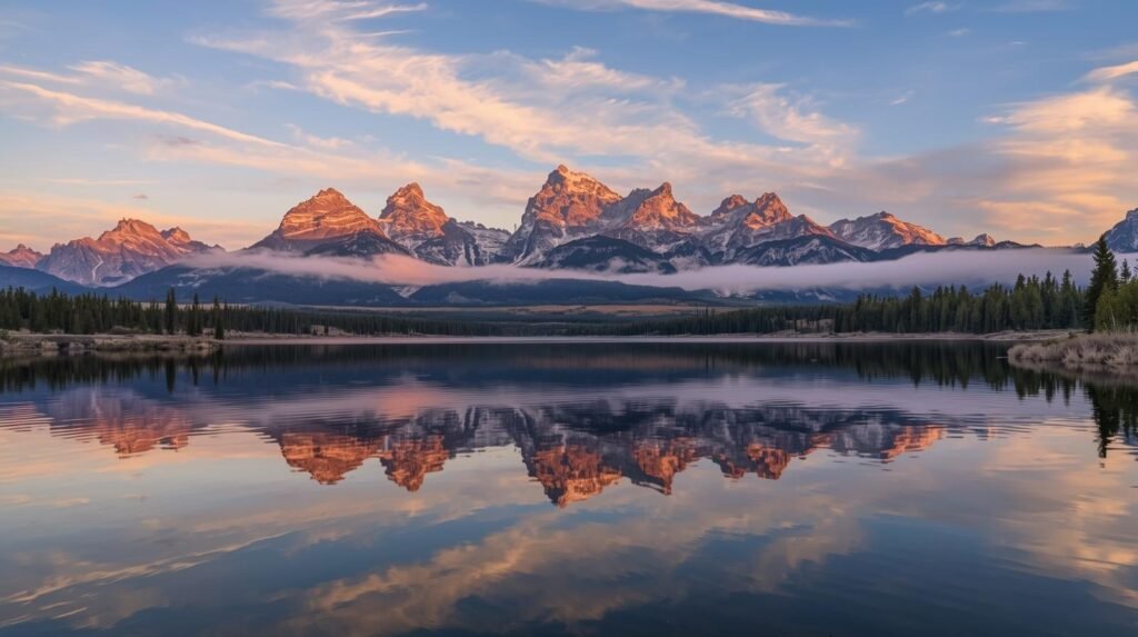 Sunrise reflection of Grand Teton mountains on Jenny Lake