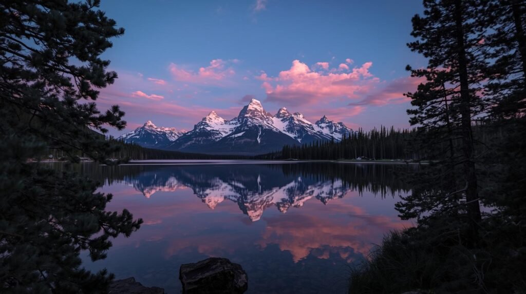Twilight reflection of Grand Teton peaks in still waters at Schwabacher Landing