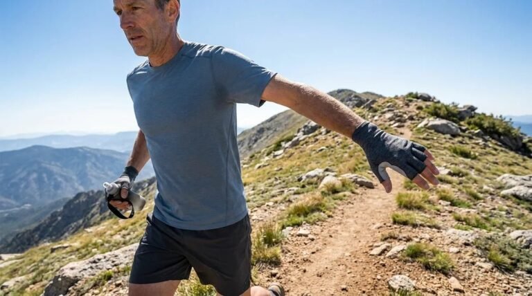 A hiker wearing protective sun gloves while hiking on a scenic mountain trail.
