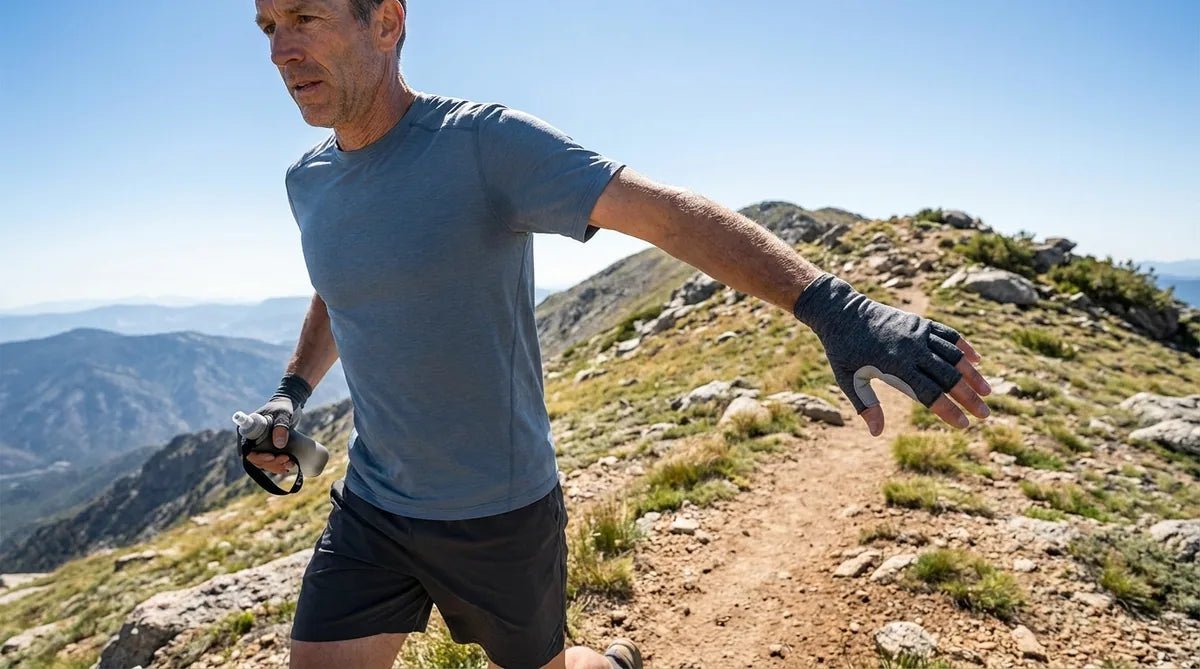 A hiker wearing protective sun gloves while hiking on a scenic mountain trail.