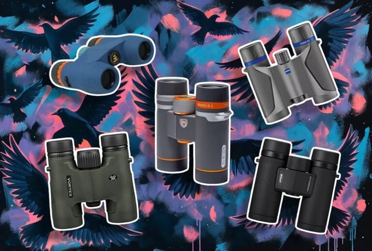 A pair of compact binoculars for hiking resting on a granite rock outdoors.